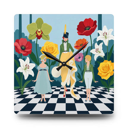 🌺🎩 The Lady And Children Of The Grand Flower Garden Acrylic Wall Clock – Art Deco Fashion Whimsy