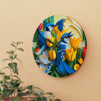 Blue Jays in a Spring Garden Acrylic Wall Clock, Round and Square