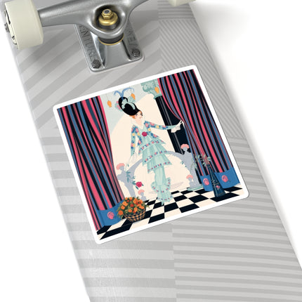 🌹🎭 The Lady Between The Curtains Kiss-Cut Stickers – Art Deco Floral Theatre