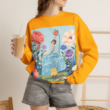 🌸🩵 The Blue Ruffle Garden Crewneck Sweatshirt – Art Deco Floral Whimsy