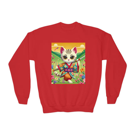 Samurai Kitten Youth Crewneck Sweatshirt – Grace, Discipline & Whimsical Strength