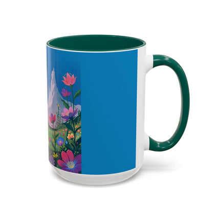 The Lady And The Moonlit Peak Colorful Mugs – Art Deco Alpine Garden Elegance