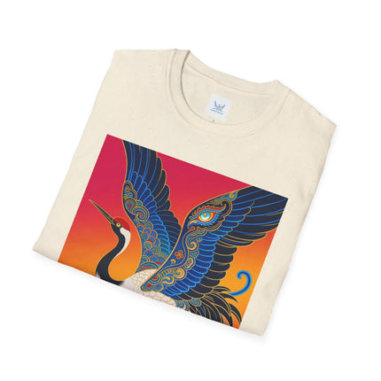 🪽🌅 The Celestial Crane Softstyle T-Shirt – Art Deco Wings Of Elegance