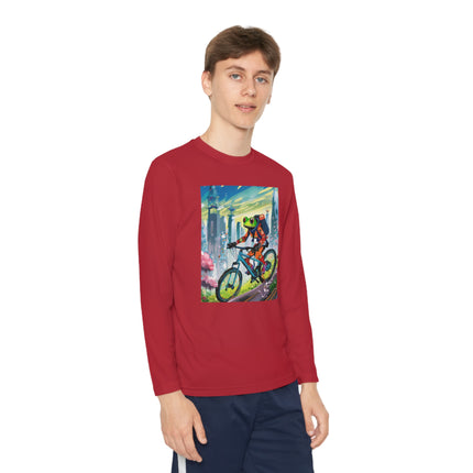 Cyberpunk Frog Youth Long Sleeve Competitor Tee – Neon Trails & Futuristic Adventure