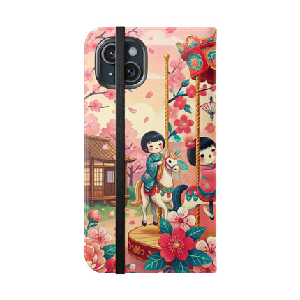 🎠🌸 Geisha Kitten's Enchanted Carousel Flip Case – Whimsical Dreams & Cherry Blossom Magic