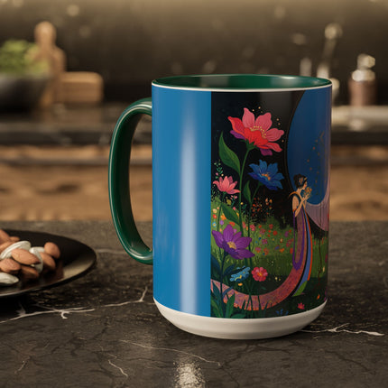 The Lady And The Moonlit Peak Colorful Mugs – Art Deco Alpine Garden Elegance