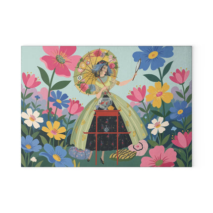 🌸🪞 The Lady Of The Flower Parasol Glass Cutting Board – Art Deco Garden Fantasy