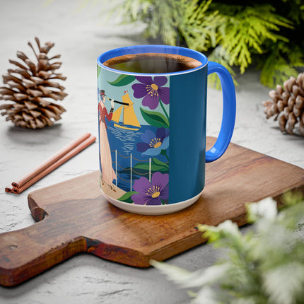 The Lady Of The Golden Horizon Colorful Mugs – Art Deco Coastal Elegance