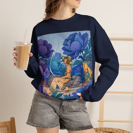 💙🌸 The Lady Among The Blue Blossoms Crewneck Sweatshirt – Art Deco Floral Reverie