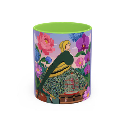 The Lady And The Crimson Birdcage Colorful Mugs – Art Deco Tropical Garden Elegance