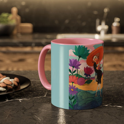 The Lady Of The Coral Parasol Colorful Mugs – Art Deco Coastal Elegance