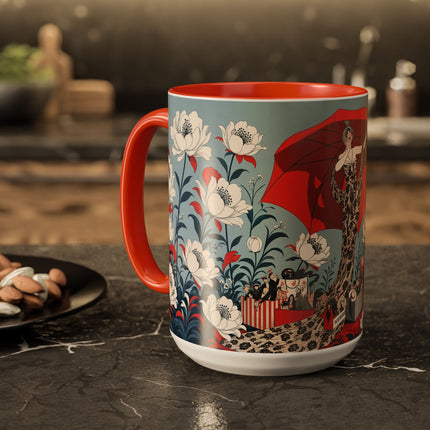 ❤️🌺 The Scarlet Parasol Spectacle Colorful Mug – Art Deco Fashion Elegance