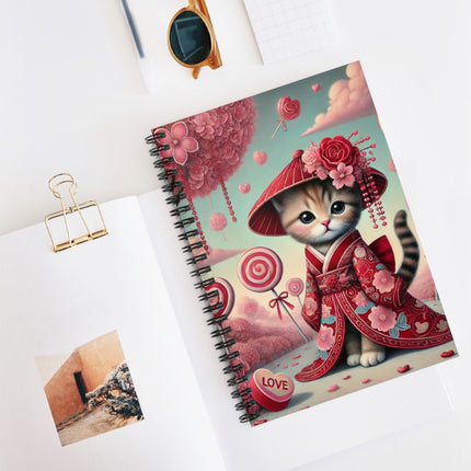 Whimsical Geisha Kitten in a Valentine Garden Spiral Notebook - Ruled Line