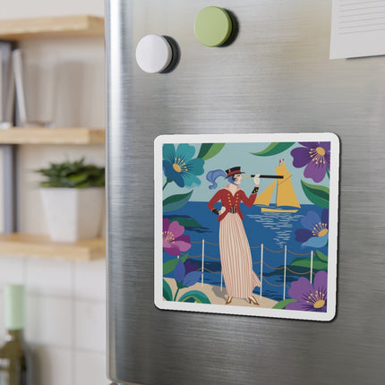 🌊🔭 The Lady Of The Seaside Lookout Die-Cut Magnets – Art Deco Nautical Adventure
