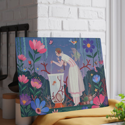 🐠🌸 The Lady Of The Enchanted Aquarium Glass Cutting Board – Art Deco Underwater Garden Fantasy