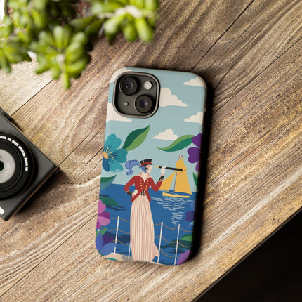 🌊🔭 The Lady Of The Seaside Lookout Phone Case – Art Deco Nautical Adventure