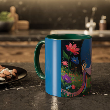 The Lady And The Moonlit Peak Colorful Mugs – Art Deco Alpine Garden Elegance