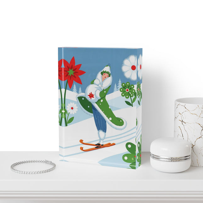 🎿❄️ The Winter Garden Skier Acrylic Art Block – Whimsical Holiday Fantasy