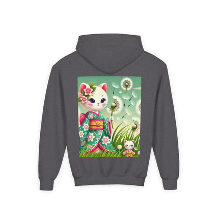 Geisha Kitten and the Dandelion Wish Youth Hooded Sweatshirt – Soft Dreams & Gentle Wonder