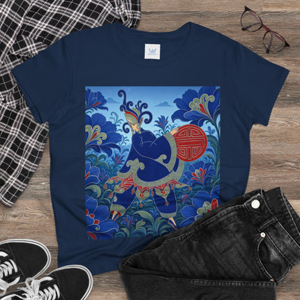 💙🌺 The Imperial Blue Garden Cotton Tee – Art Deco Oriental Elegance