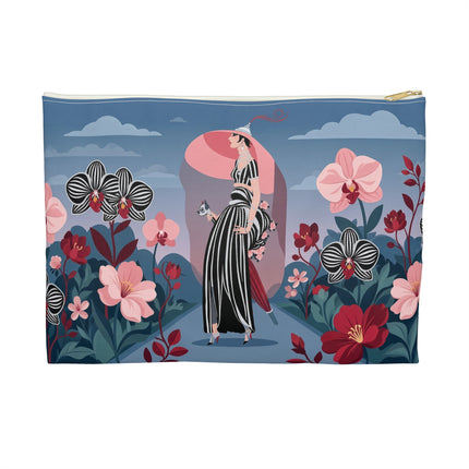 🌸🖤 The Striped Orchid Promenade Accessory Pouch – Art Deco Floral Fashion