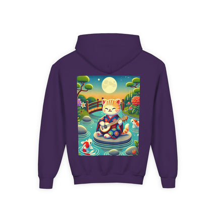 Melodic Kitten by the Koi Pond Youth Hooded Sweatshirt – Peaceful Harmony & Playful Music