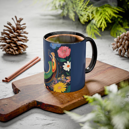 The Lady And The Crimson Moonbird Colorful Mugs – Art Deco Whimsical Garden Elegance