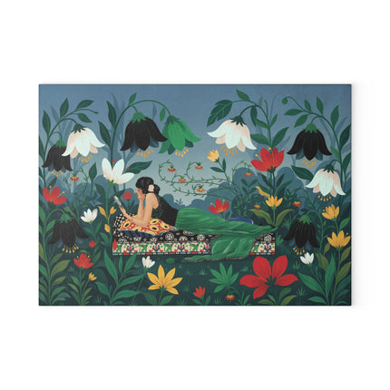 🌺🔍 The Lady In The Secret Garden Glass Cutting Board – Art Deco Floral Elegance