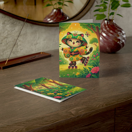 🛼🌼 The Roller-Skating Garden Kitten Greeting Card – Whimsical Woodland Adventure