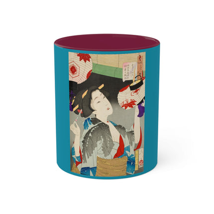 Looking Observant; The Appearance of a Kyoto Waitress of the Meiji Era by Tsukioka Yoshitoshi Colorful Mugs, 11oz