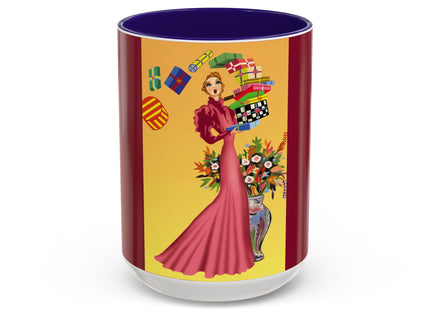 Elegant Holiday Woman with Gifts Colorful Mugs (11oz, 15oz)