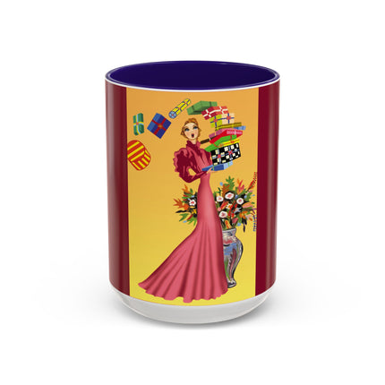 Elegant Holiday Woman with Gifts Colorful Mugs (11oz, 15oz)