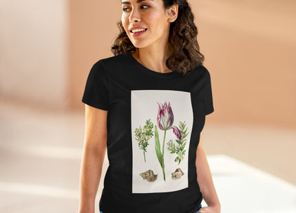 Tulip flower with Two Branches of Myrtle and Shells Cotton Tee