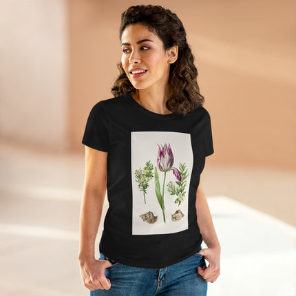 Tulip flower with Two Branches of Myrtle and Shells Cotton Tee