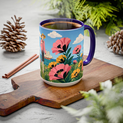 🌸⛵ The Seaside Blossom Promenade Colorful Mug – Art Deco Coastal Elegance