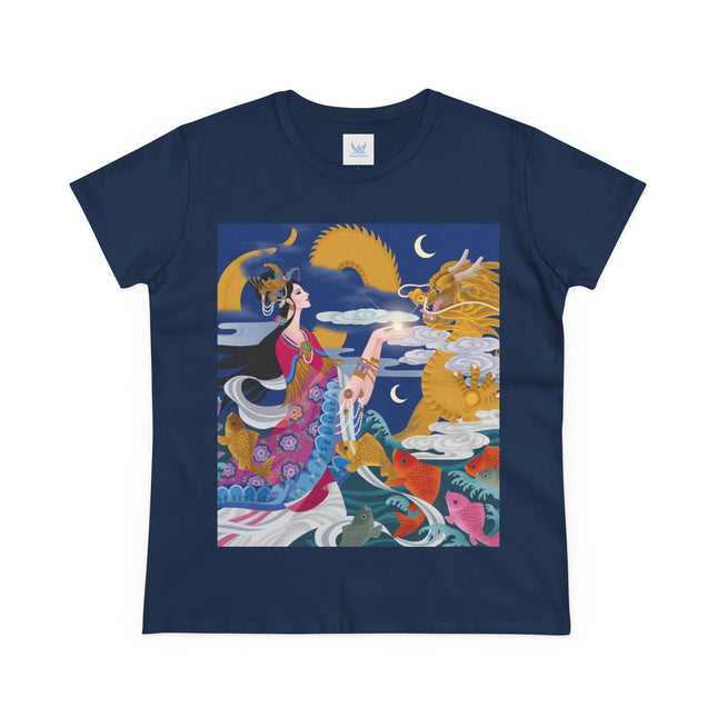 Dragon Pearl Offering Women's Midweight Cotton Tee – Mystical Fantasy & Golden Grace