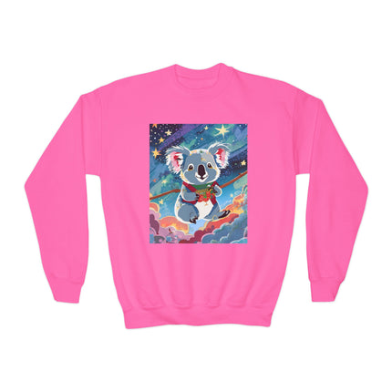 Cute Koala Youth Crewneck Sweatshirt – Dreamy Sky Adventure & Whimsical Wonder