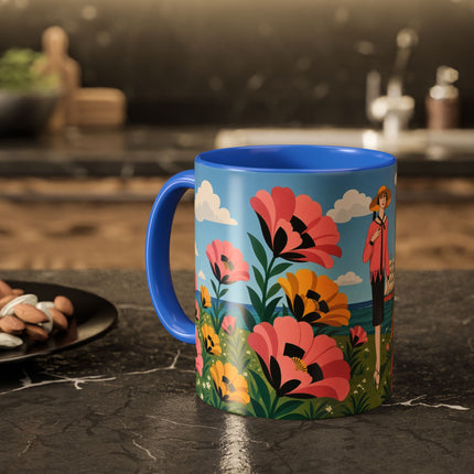 🌸⛵ The Seaside Blossom Promenade Colorful Mug – Art Deco Coastal Elegance