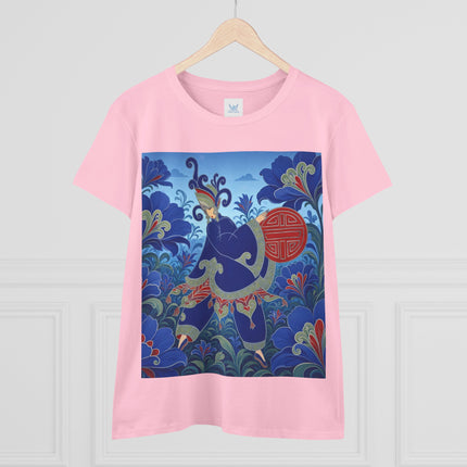 💙🌺 The Imperial Blue Garden Cotton Tee – Art Deco Oriental Elegance