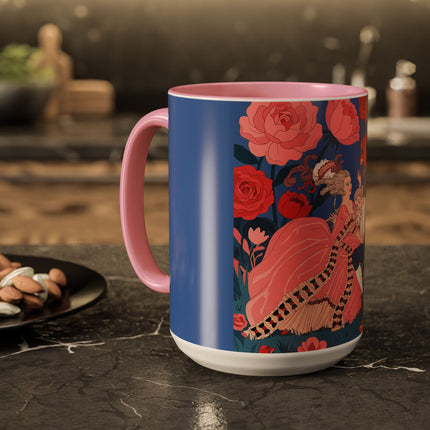 The Lady And The Scarlet Macaw Colorful Mugs – Art Deco Floral Elegance