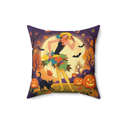 🌕🍂 Autumn Song Beneath The Harvest Moon Square Pillow – Whimsical Halloween Charm