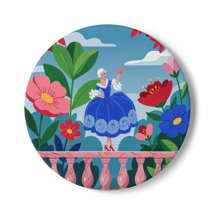 🌺🪭 The Lady Of The Grand Flower Terrace Ceramic Coaster – Art Deco Garden Elegance
