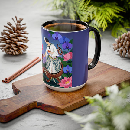 The Lady And The Garden Dragon Colorful Mugs – Art Deco Mythical Botanical Elegance