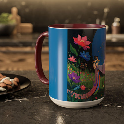 The Lady And The Moonlit Peak Colorful Mugs – Art Deco Alpine Garden Elegance