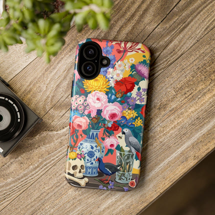 Floral Vanitas Phone Case – Parrot & Porcelain Splendor