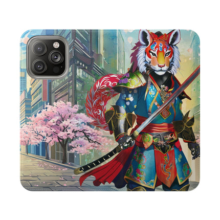 🦁🦊⚔️ Cyberpunk Lion Samurai Flip Case – Futuristic Honor & Kitsune Spirit
