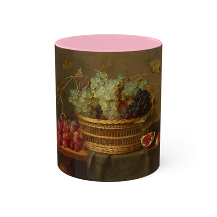 Basket of Grapes and a Pomegranate on a Table by Jacob van Hulsdonck Colorful Mugs, 11oz
