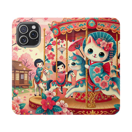 🎠🌸 Geisha Kitten's Enchanted Carousel Flip Case – Whimsical Dreams & Cherry Blossom Magic