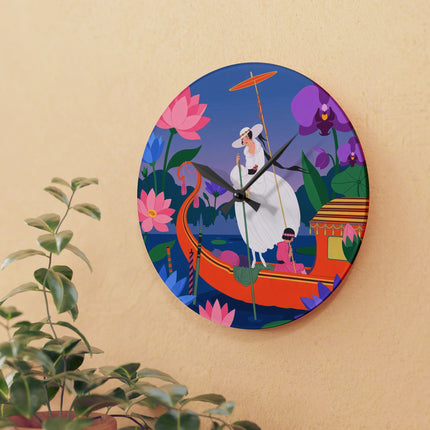 🪷🚣 The Lady Of The Lotus Lake Acrylic Wall Clock – Art Deco Botanical Fantasy