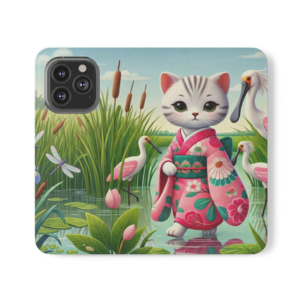 🦩🌸 Geisha Kitten Strolls Among the Spoonbills Flip Case – Serene Grace & Marshland Wonder